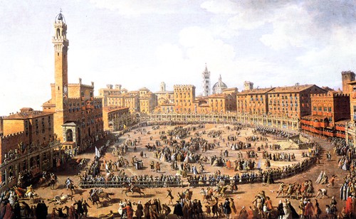 Veduta diurna della Piazza del Campo a Siena col Palio in corso in onore di Francesco Stefano e Maria Teresa d'Austria