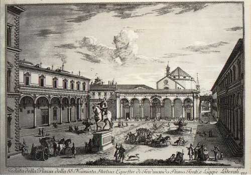 Veduta della Piazza della SS. Nunziata, Statua Equestre di Ferdinando Primo, Fonti, e Loggie Laterali