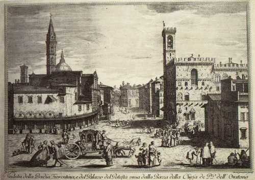 Veduta della Badia Fiorentina, e del Palazzo del Potestà presa dalla Piazza della Chiesa de' PP. dell'Oratorio