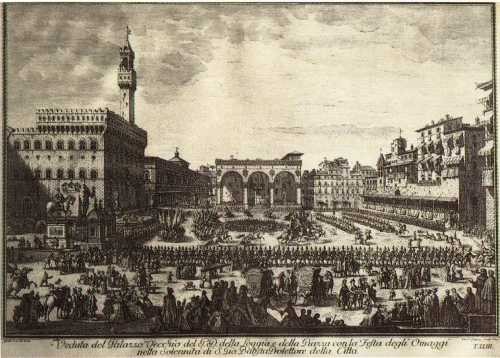 Veduta del Palazzo Vecchio del P.D. della Loggia e della Piazza con la Festa degli Omaggi nella solennità di S. Gio. Battista protettore della Città