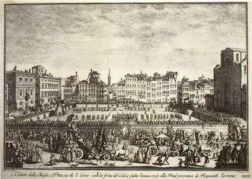 Veduta della Chiesa, e Piazza di S. Croce con la festa del Calcio fatta l'anno 1738 alla Real presenza de' Regnanti Sovrani