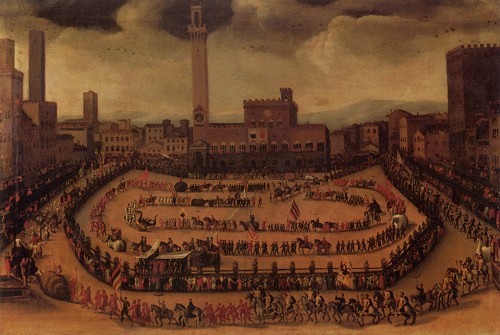 La sfilata delle Contrade nel Campo di Siena nel XVI secolo