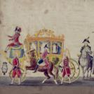 Illustrazione a colori di una carrozza in processione per la Festa di S. Giovanni Battista a Firenze